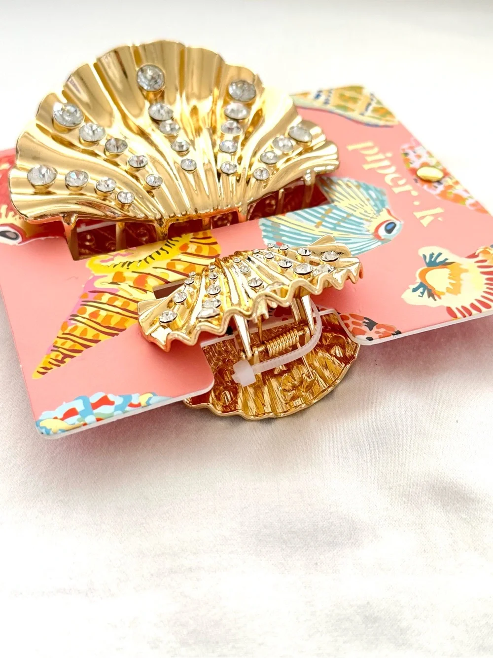 Piper K Gold Seashell Hair Claw Clip Duo (Large & Mini) Set w/ Rhinestones
